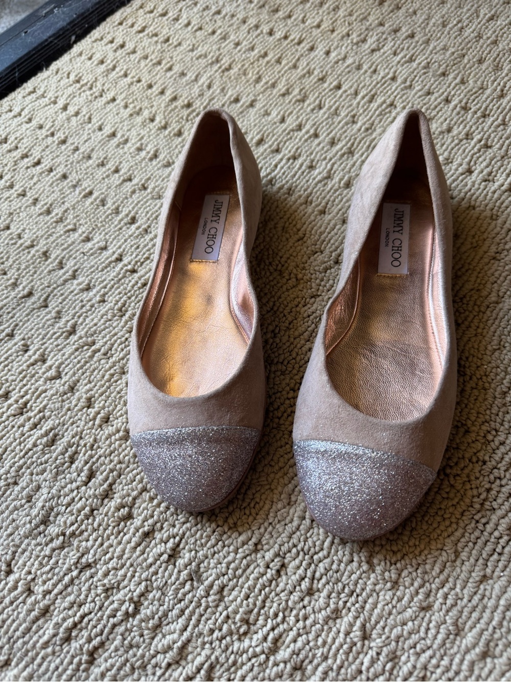 Auth Unworn Jimmy Choo Blush Suede Ballet Flats with Silver Glitter Cap + COA
